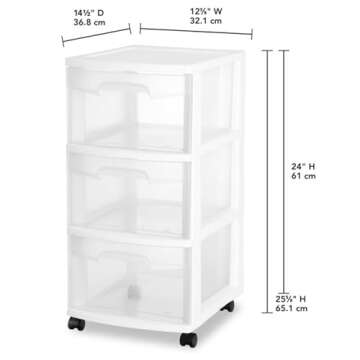 Sterilite 2 Pack Plastic Storage Organizer, 3 Drawer Rolling Bin Cart, Closet Organization, White