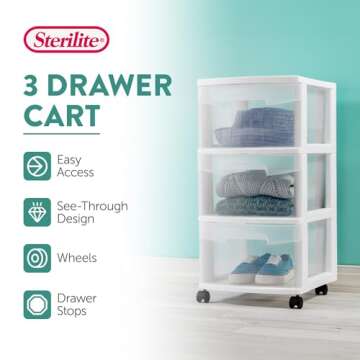 Sterilite 2 Pack Plastic Storage Organizer, 3 Drawer Rolling Bin Cart, Closet Organization, White