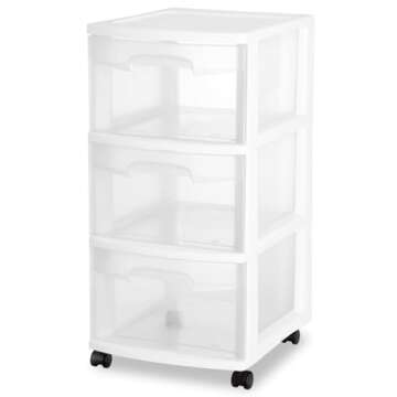 Sterilite 2 Pack Plastic Storage Organizer, 3 Drawer Rolling Bin Cart, Closet Organization, White