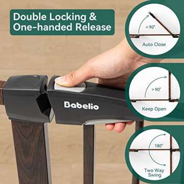 BABELIO 29-48" Metal Baby Gate with Brown Wood Pattern, Wide Dog Gate Pressure Mounted Pet Gate for Stairs & Doorways, with Y Spindle Rods and Wall Protectors