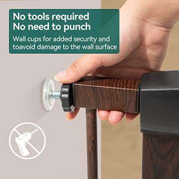 BABELIO 29-48" Metal Baby Gate with Brown Wood Pattern, Wide Dog Gate Pressure Mounted Pet Gate for Stairs & Doorways, with Y Spindle Rods and Wall Protectors