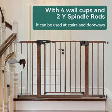 BABELIO 29-48" Metal Baby Gate with Brown Wood Pattern, Wide Dog Gate Pressure Mounted Pet Gate for Stairs & Doorways, with Y Spindle Rods and Wall Protectors
