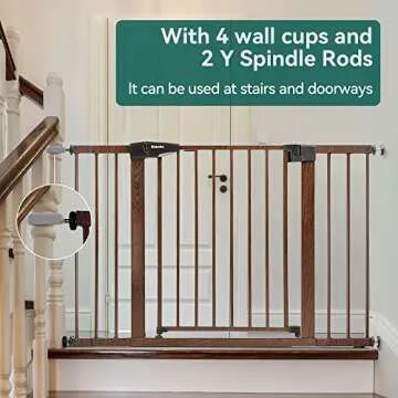 BABELIO 29-48" Metal Baby Gate with Brown Wood Pattern, Wide Dog Gate Pressure Mounted Pet Gate for Stairs & Doorways, with Y Spindle Rods and Wall Protectors