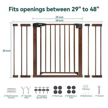 BABELIO 29-48" Metal Baby Gate with Brown Wood Pattern, Wide Dog Gate Pressure Mounted Pet Gate for Stairs & Doorways, with Y Spindle Rods and Wall Protectors