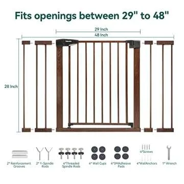 BABELIO 29-48" Metal Baby Gate with Brown Wood Pattern, Wide Dog Gate Pressure Mounted Pet Gate for Stairs & Doorways, with Y Spindle Rods and Wall Protectors