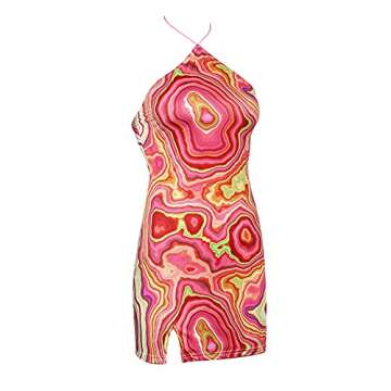 Women Sexy Halter Mini Dress Y2K Sleeveless Backless Bodycon Dress Summer Beach Party Sundress E-Girl Streetwear (A, M)