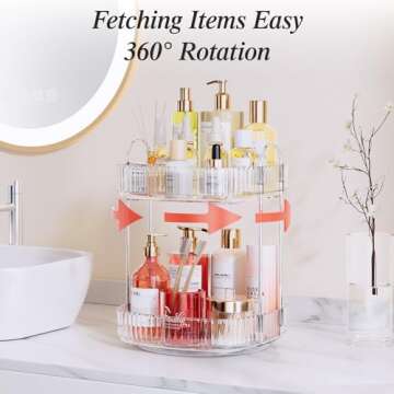 Delamu Rotating Bathroom Countertop Organizer, Large Capacity 2-Tier Multi-Function Storage for Cosmetics, Skincare, and Perfume. Makeup Organizer Countertop Ideal for Dresser, Bathroom,Vanity, Clear