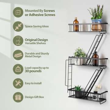 SweetSage Fire Escape Wall Shelf - New York Decorative Ladder Shelf, Wall Art Floating Shelf Black Metal Shelves for Bedroom, Home Office Storage and Display (3-Tier)