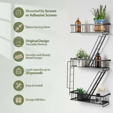 SweetSage Fire Escape Wall Shelf - New York Decorative Ladder Shelf, Wall Art Floating Shelf Black Metal Shelves for Bedroom, Home Office Storage and Display (3-Tier)
