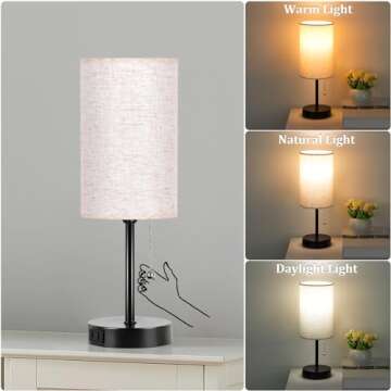 Dott Arts Table Lamp for Bedroom, 3-Color Bedside Lamps with Pull Chain, Bedroom Table Lamps for Nightstand,AC Outlet Small Lamp for Living Room, Bulb Included