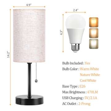 Dott Arts Table Lamp for Bedroom, 3-Color Bedside Lamps with Pull Chain, Bedroom Table Lamps for Nightstand,AC Outlet Small Lamp for Living Room, Bulb Included