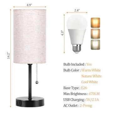 Dott Arts Table Lamp for Bedroom, 3-Color Bedside Lamps with Pull Chain, Bedroom Table Lamps for Nightstand,AC Outlet Small Lamp for Living Room, Bulb Included