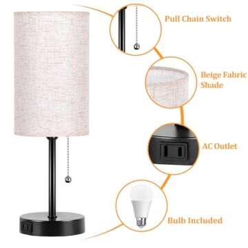 Dott Arts Table Lamp for Bedroom, 3-Color Bedside Lamps with Pull Chain, Bedroom Table Lamps for Nightstand,AC Outlet Small Lamp for Living Room, Bulb Included