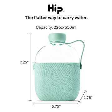 Hip Water Bottle - 650ml / 20oz Capacity - Slim Reusable Bottles with Silicone Grip Sleeve and Carry Loop - Leak Proof Screw-Top Cap - Dishwasher Safe - Mint