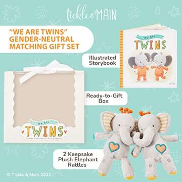 Tickle & Main We Are Twins Book & Set of 2 Plush Elephant Rattles for Baby, Toddler, Twins, Boys, or...