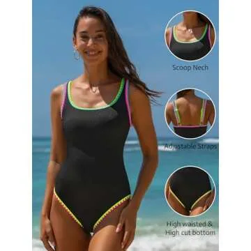 popvil Women's One Piece Swimsuits Tummy Control - Adjustable Strap Bathing Suit - Neon Color Block Sexy Sport Swim Suits,Black,Medium