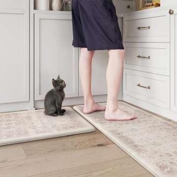 Sungea Farmhouse Kitchen Mats Cushioned Anti Fatigue, Pink Kitchen Rugs Distressed Non Slip Memory Foam Kitchen Floor Mat,Ergonomic Waterproof Standing Desk Mat for Under Sink(Pink)