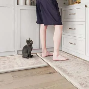 Sungea Farmhouse Kitchen Mats Cushioned Anti Fatigue, Pink Kitchen Rugs Distressed Non Slip Memory Foam Kitchen Floor Mat,Ergonomic Waterproof Standing Desk Mat for Under Sink(Pink)