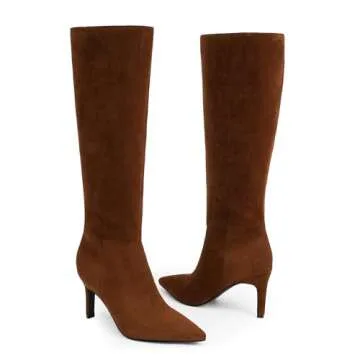 Easyfox Knee High Brown Suede Boots Women Pointed Toe Brown Suede Tall Boots Stiletto High Heels Long Brown Suede Boots Side Zipper Brown Suede Boots Size 8
