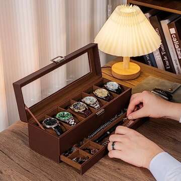 ProCase Watch Box for Men, 6 Slot Watch Display Case with Drawer, Mens Watch Case With Glass Lid, 2-Layer Jewelry and Watch Storage Watch Holder Organizer for Men Women -6 Slot, Espresso