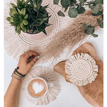 Boho Coasters Set of 2, Handmade Woven Coaster for Drinks, Macrame Coasters with Tassel, Bohemian Cup Mat for Home, Office, Coffee Wooden Table, Table Decor (Cream)