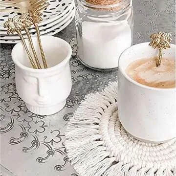 Boho Coasters Set of 2, Handmade Woven Coaster for Drinks, Macrame Coasters with Tassel, Bohemian Cup Mat for Home, Office, Coffee Wooden Table, Table Decor (Cream)