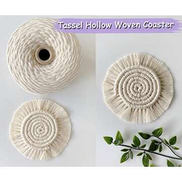 Boho Coasters Set of 2, Handmade Woven Coaster for Drinks, Macrame Coasters with Tassel, Bohemian Cup Mat for Home, Office, Coffee Wooden Table, Table Decor (Cream)