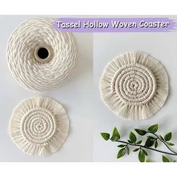 Boho Coasters Set of 2, Handmade Woven Coaster for Drinks, Macrame Coasters with Tassel, Bohemian Cup Mat for Home, Office, Coffee Wooden Table, Table Decor (Cream)