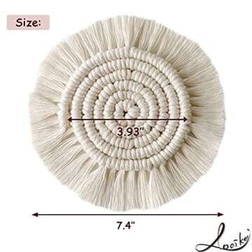 Boho Coasters Set of 2, Handmade Woven Coaster for Drinks, Macrame Coasters with Tassel, Bohemian Cup Mat for Home, Office, Coffee Wooden Table, Table Decor (Cream)