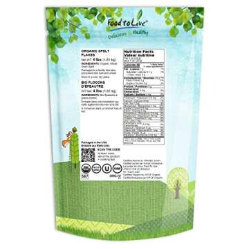 Food to Live Organic Spelt Flakes, 4 Pounds - Rolled Spelt Made from Whole Grain Non-GMO Berries, Un...