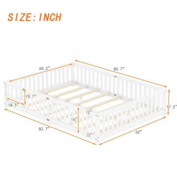 Queen Size Floor Bed with Slats and Center Support Bar, Queen Size Montessori Floor Bed with Fence a...