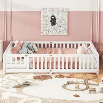 Queen Size Floor Bed with Slats and Center Support Bar, Queen Size Montessori Floor Bed with Fence and Door, Kids Montessori Bed Queen Size, Montessori Floor Bed for Kids, Girls, Boys, White
