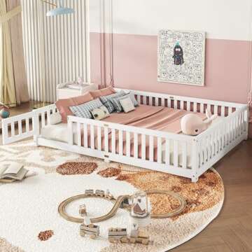 Queen Size Floor Bed with Slats and Center Support Bar, Queen Size Montessori Floor Bed with Fence and Door, Kids Montessori Bed Queen Size, Montessori Floor Bed for Kids, Girls, Boys, White