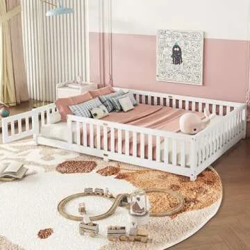 Queen Size Floor Bed with Slats and Center Support Bar, Queen Size Montessori Floor Bed with Fence and Door, Kids Montessori Bed Queen Size, Montessori Floor Bed for Kids, Girls, Boys, White