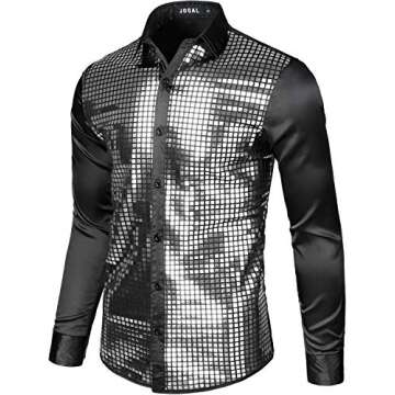 JOGAL Mens 70s Disco Shirt Silver Sequins Party Costume Long Sleeve Button Down Shirt Large Black Si...