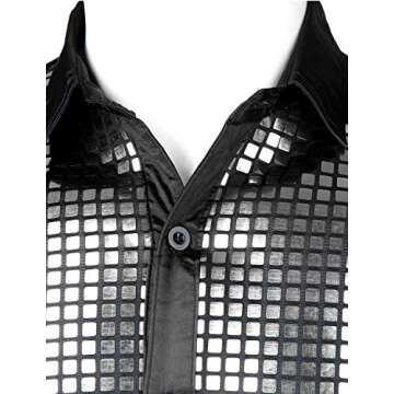 JOGAL Mens 70s Disco Shirt Silver Sequins Party Costume Long Sleeve Button Down Shirt Large Black Silver