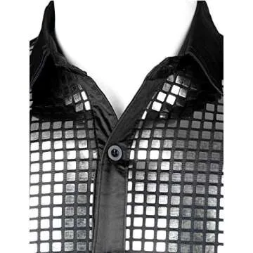 JOGAL Mens 70s Disco Shirt Silver Sequins Party Costume Long Sleeve Button Down Shirt Large Black Silver