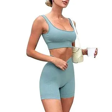 Jetjoy Women 2 piece Shorts Set Ribbed Workout Set Crop Rib Tank and High-Waist Leggings Set Running Yoga Athletic Tights