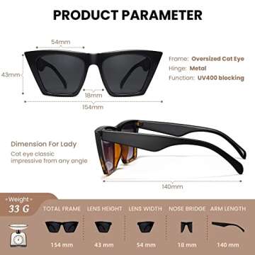 racico Trendy Cat Eye Sunglasses Women - 2 pack Vintage Oversized Cateye Style Square Sun Glasses Women Men