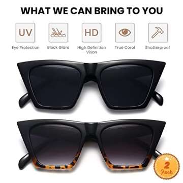 racico Trendy Cat Eye Sunglasses Women - 2 pack Vintage Oversized Cateye Style Square Sun Glasses Women Men