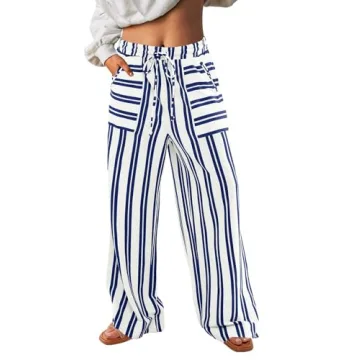 Yanekop Womens Striped Pants - Casual High Waist Wide Leg Trousers with Pockets