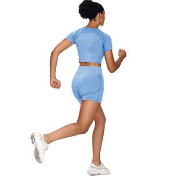 Sytiz Women Seamless Yoga Outfits 2 piece Set Workout Gym Shorts + Short Sleeve Crop Top (Light Blue, m)