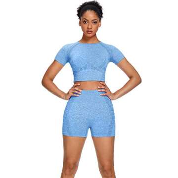 Sytiz Women Seamless Yoga Outfits 2 piece Set Workout Gym Shorts + Short Sleeve Crop Top (Light Blue, m)