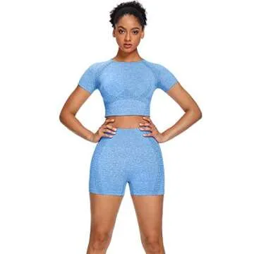 Sytiz Women Seamless Yoga Outfits 2 piece Set Workout Gym Shorts + Short Sleeve Crop Top (Light Blue, m)