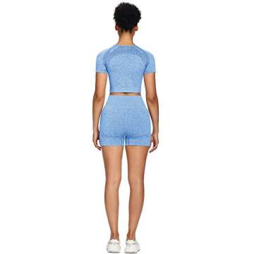 Sytiz Women Seamless Yoga Outfits 2 piece Set Workout Gym Shorts + Short Sleeve Crop Top (Light Blue, m)