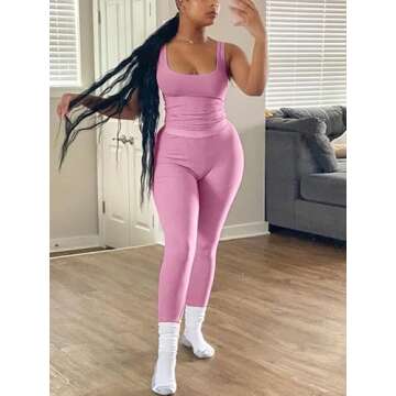 AYWA Casual Workout Sets Two Piece Outfits for Women Ribbed Crop Tank Top High Waist Leggings Active Wear (Pink, Medium)