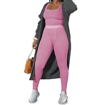 AYWA Casual Workout Sets Two Piece Outfits for Women Ribbed Crop Tank Top High Waist Leggings Active Wear (Pink, Medium)