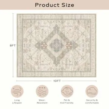 Ashler Boho Rug, 8x10 Area Rugs, Vintage Rugs, Large Area Rug, Rugs for Living Room, Bedroom, Kitche...