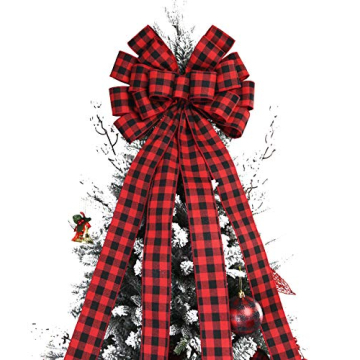 Christmas Checked Tree Topper,48x13 Inches Large Toppers Bow,Red and Black Plaid Buffalo Decorative ...