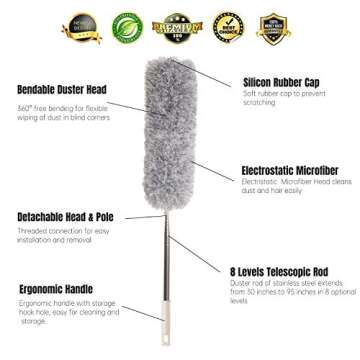 TransWonder Microfiber Duster with Extension Pole(100in.), 360 Degree Bendable Long Handle Duster for High Ceiling, Fan/Light, Cobwebs, Car, Computer/TV (Grey)